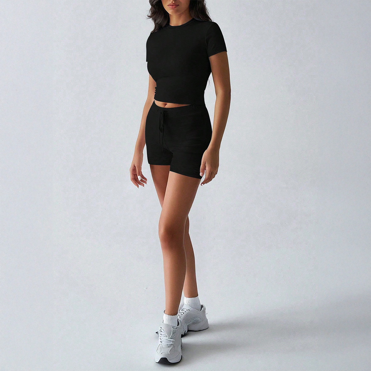 Women's Solid Color Short Sleeve Tie Shorts Yoga Set