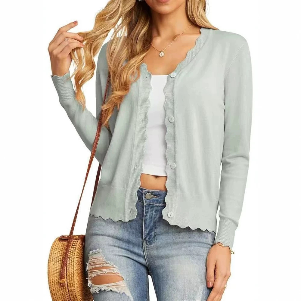 Lightweight Ruffle Trim Short Knit Cardigan