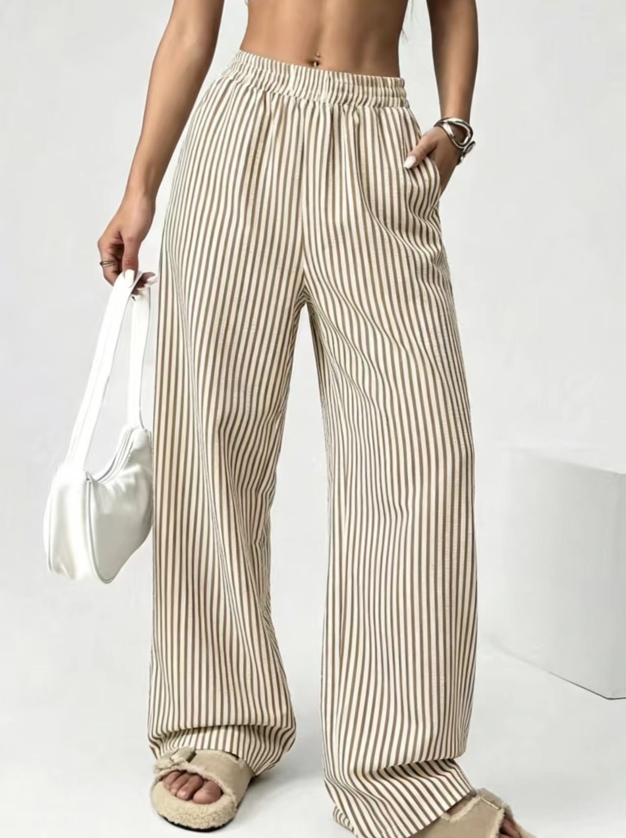 Striped Relaxed Elastic Waist Straight-Leg Pants with Pockets