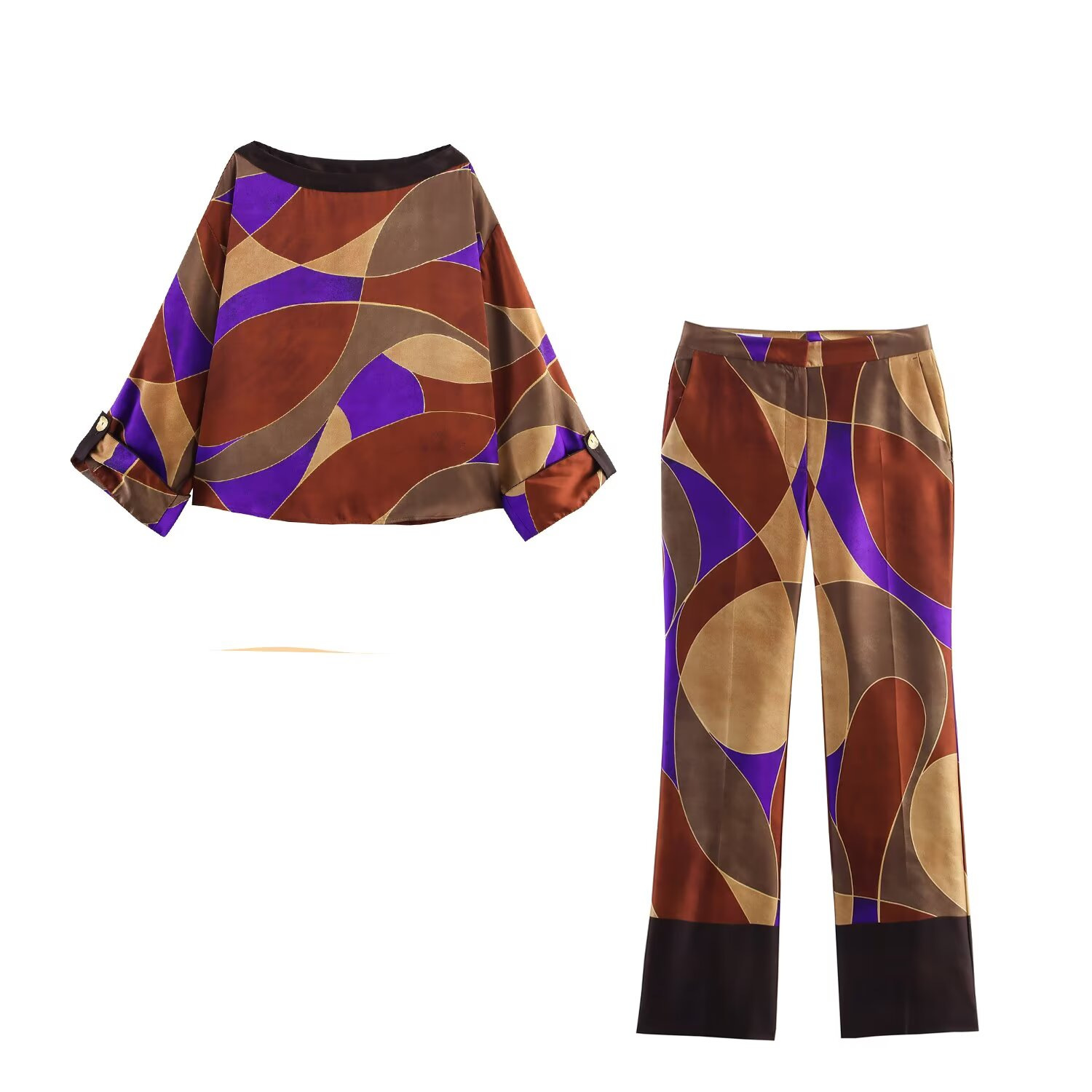 Satin Floral Print Shirt and Pants Two-Piece Set
