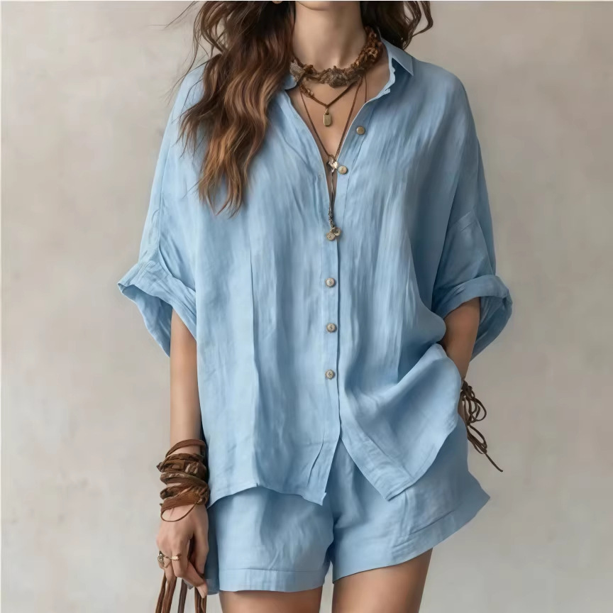 Women's Solid Color Loose Button-Front Shirt and Shorts Casual Set