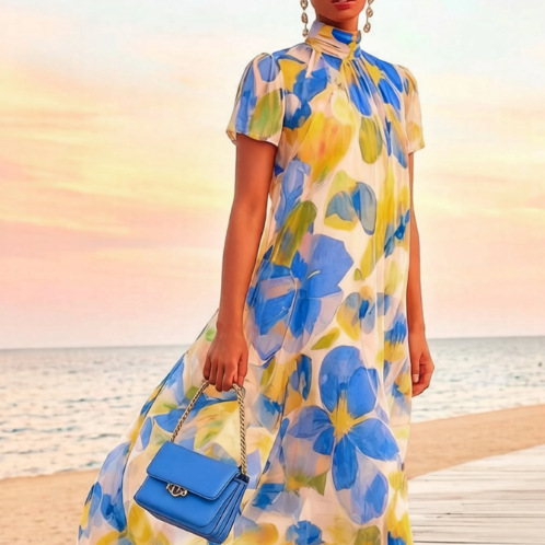 Women's Boho Floral Midi Dress Smocked Flowy Beach Dress