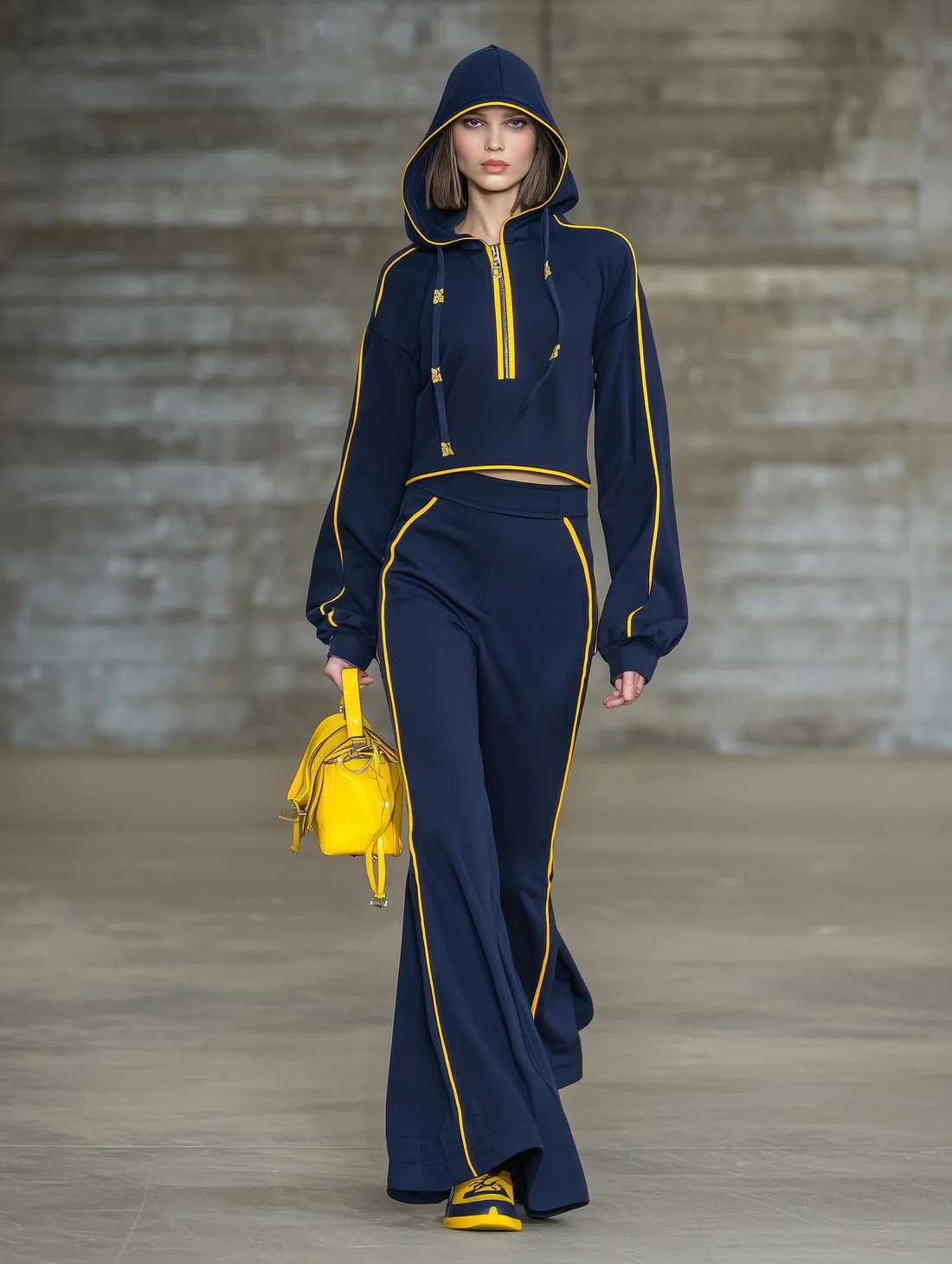 Blue Hooded Top and Flared Pants Set with Yellow Trim
