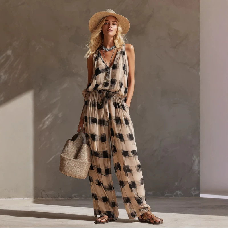 Retro Color Block Abstract Plaid Chiffon Top and Pants Set