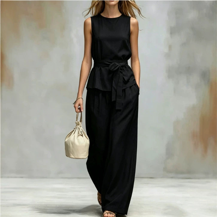 Women's Sleeveless Tie-Front Top & High-Waist Wide-Leg Pants Set