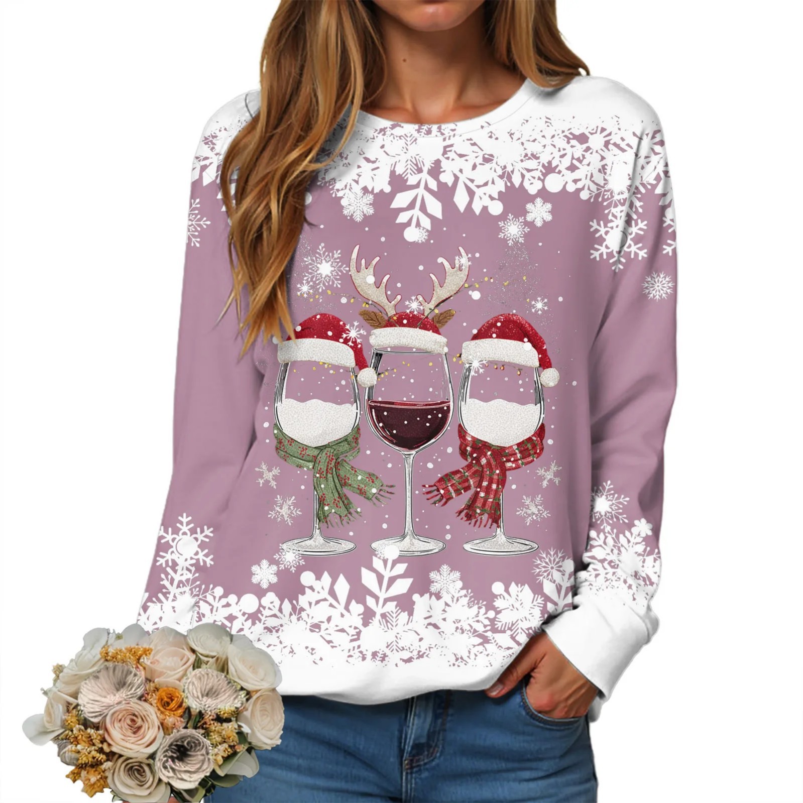 Women's Christmas Hat Wine Glass Snowflake Print Crewneck Sweatshirt