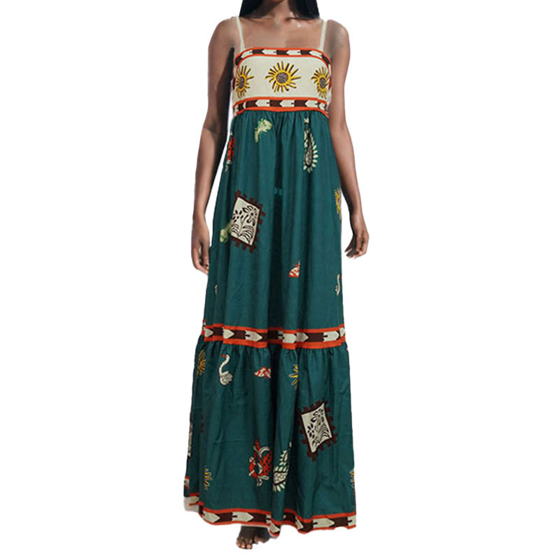 Sexy Spaghetti Strap Floral Print A-Line Maxi Dress