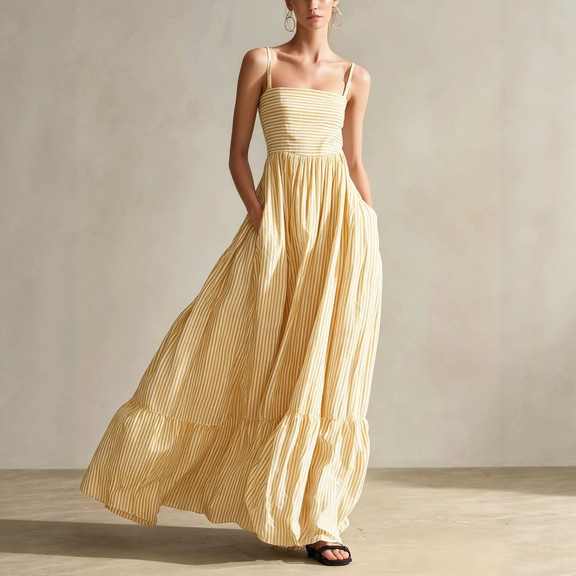 Women's Striped Sleeveless Square Neck Maxi Dress