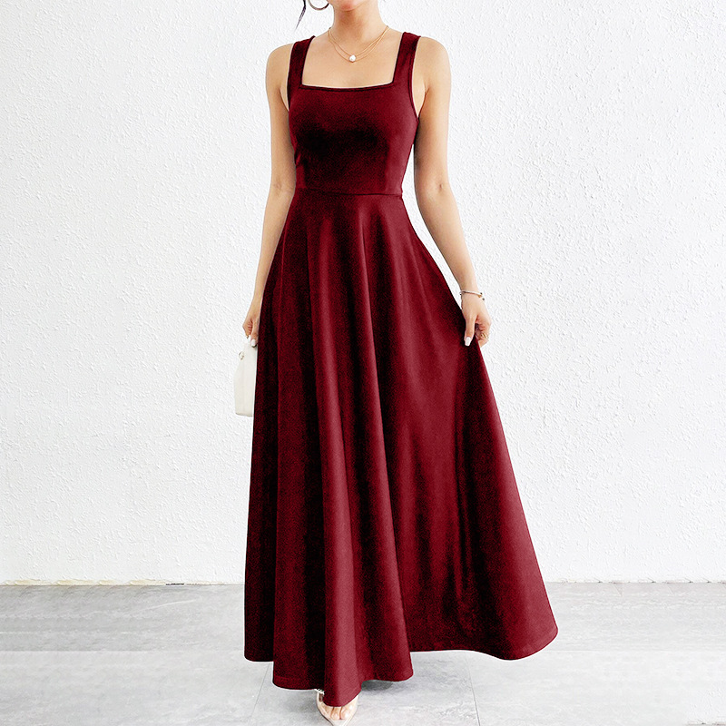 Women's Square-Neck Midi Dress with Wide Straps and Fitted Waist