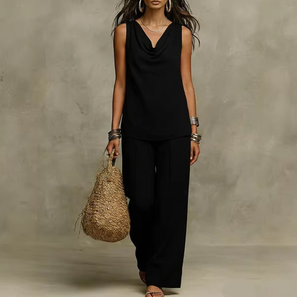 Solid Linen-Blend Sleeveless Tank Top and Wide-Leg Pants Set