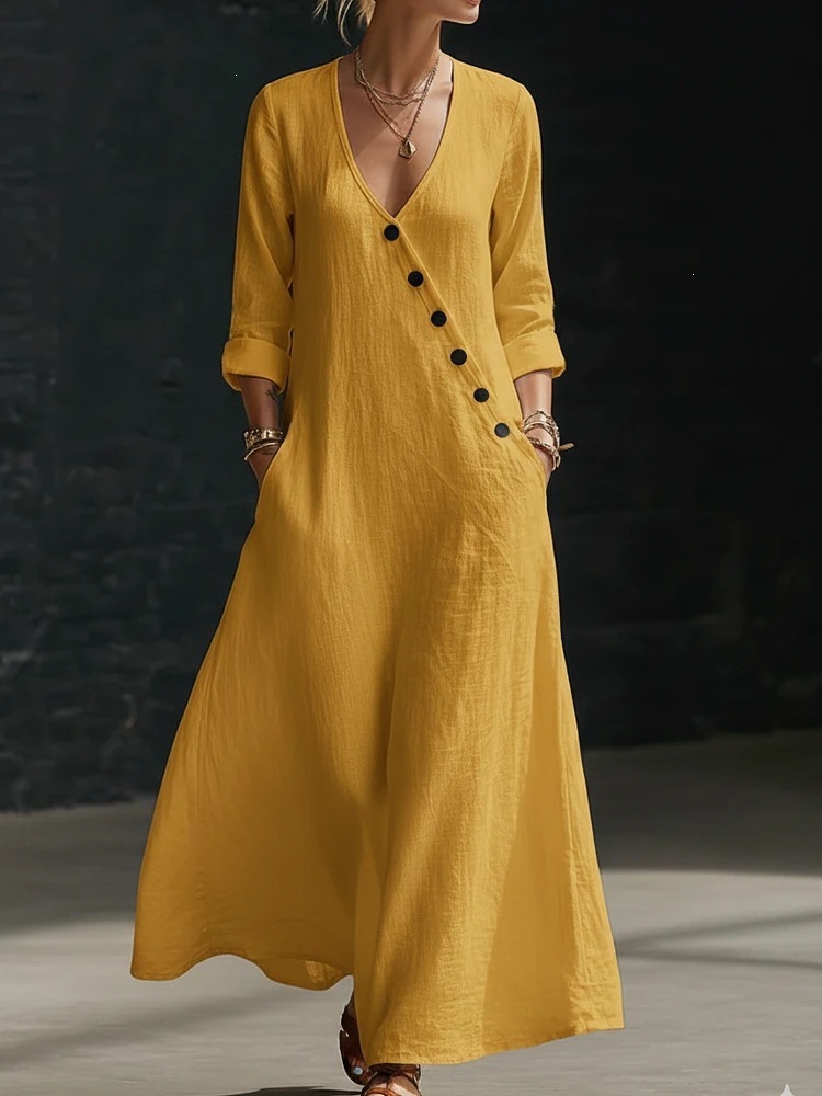 Asymmetric Button V-Neck Midi Dress with Rolled Cuffs and Side Pockets