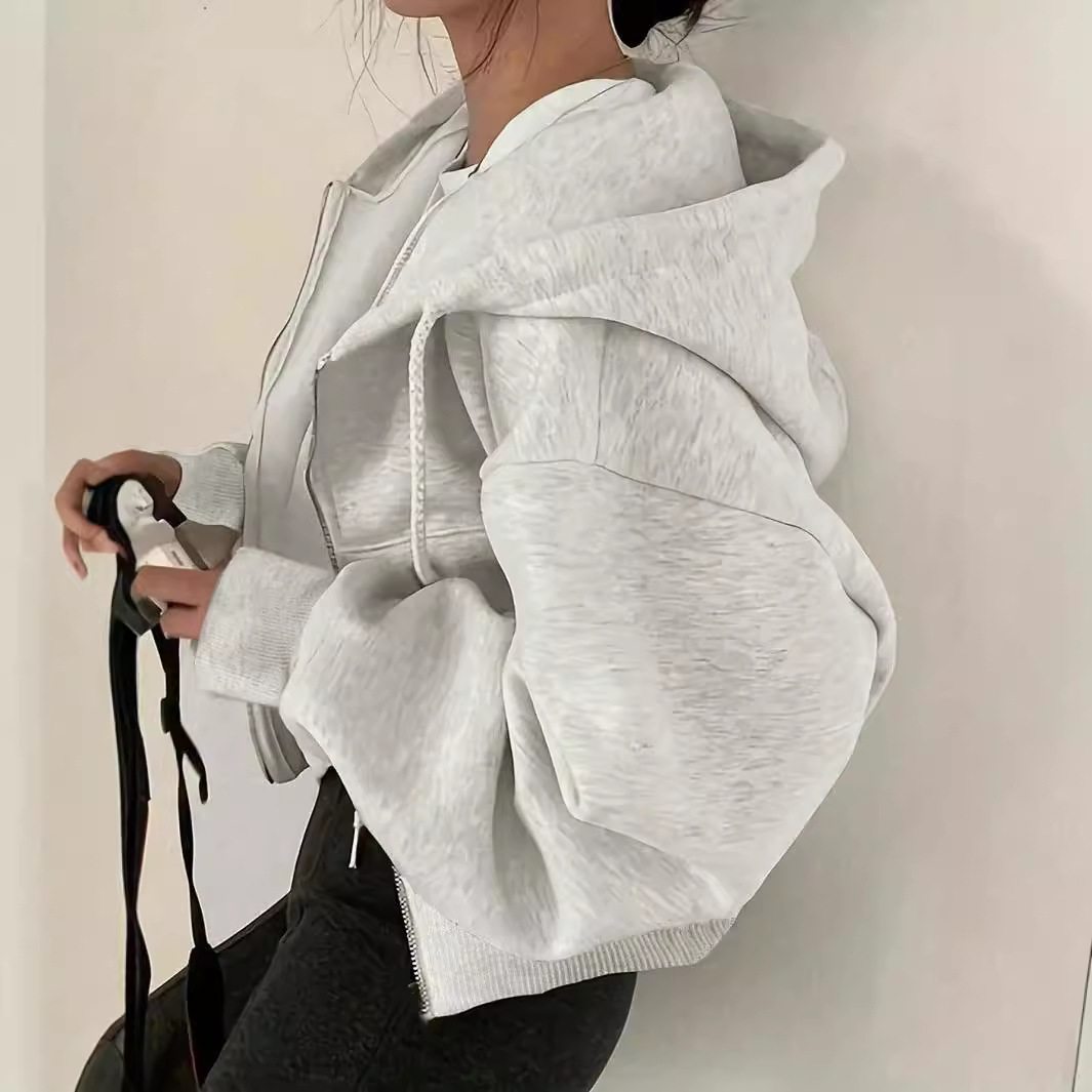 Drawstring Hooded Zip-Up Cropped Hoodie