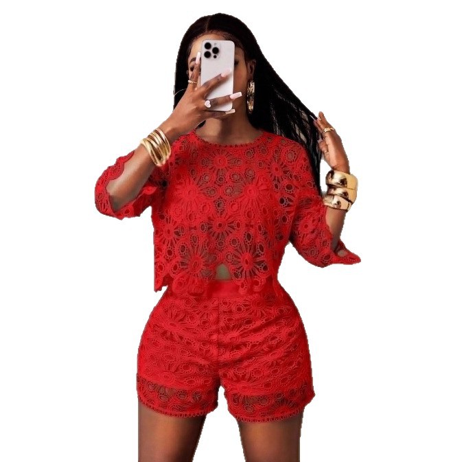 Women's Solid Color Hollow Lace Slim Fit Two-Piece Set