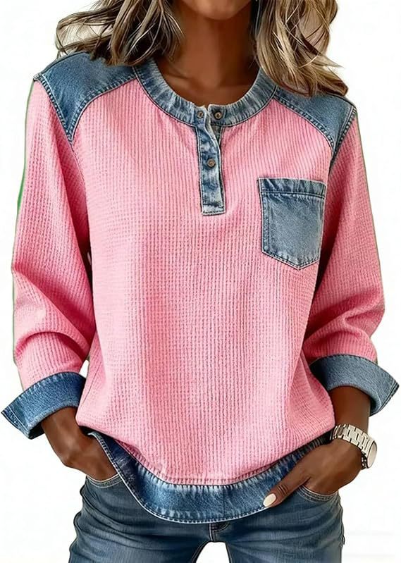 Faux Denim Patchwork Button Pocket Long Sleeve Crewneck Top