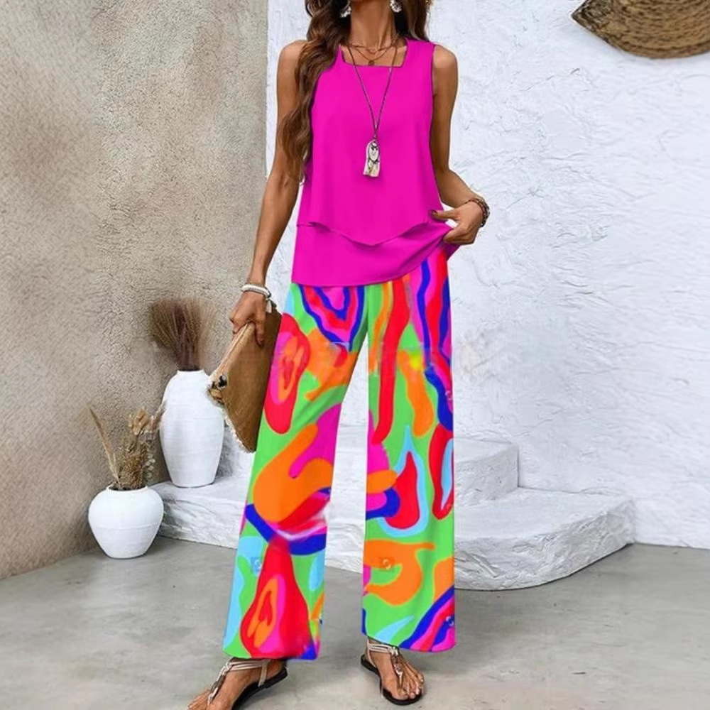 Women's Sleeveless Double-Layer Tank Top Casual Set