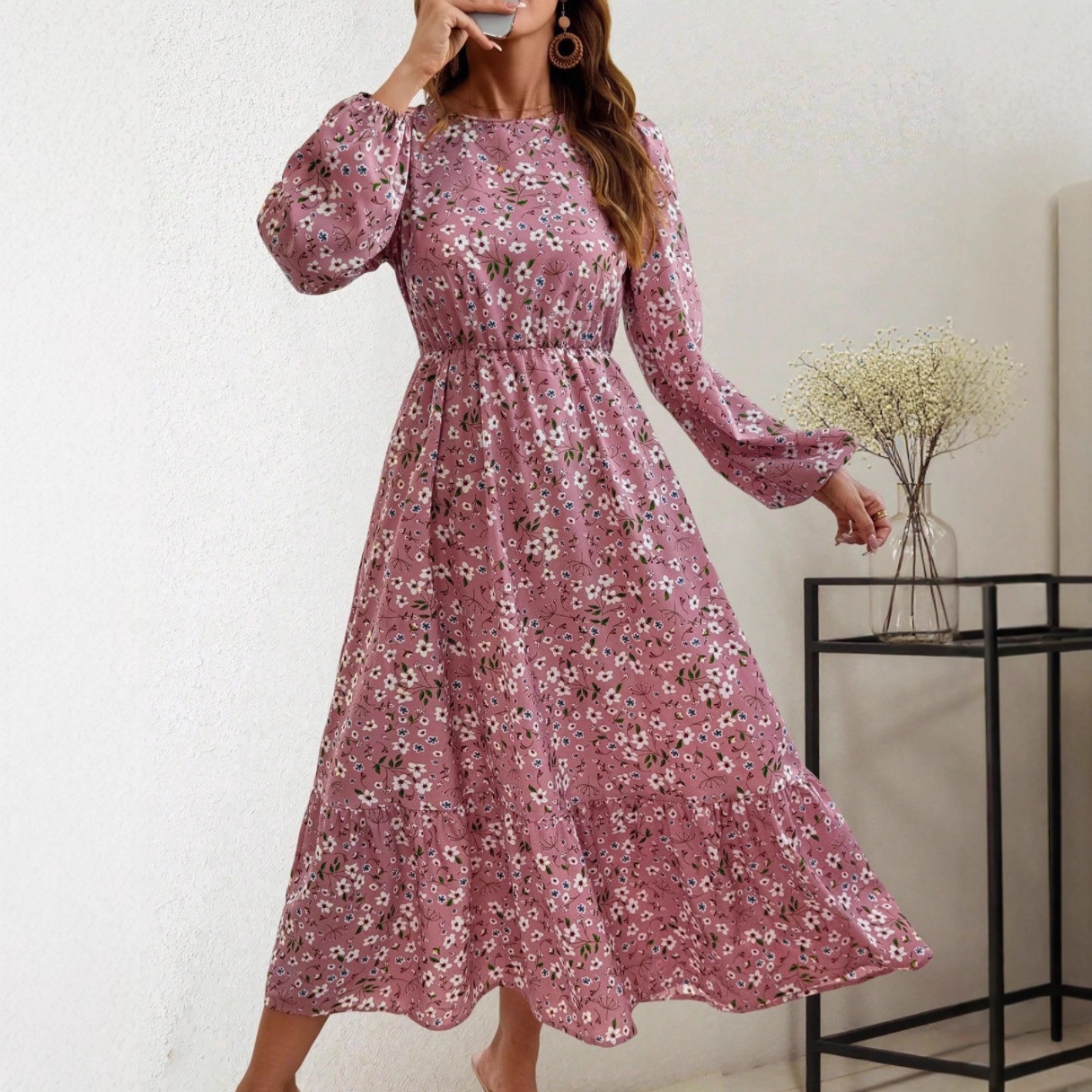 Milk Silk Long Sleeve Floral High Waist A-Line Dress