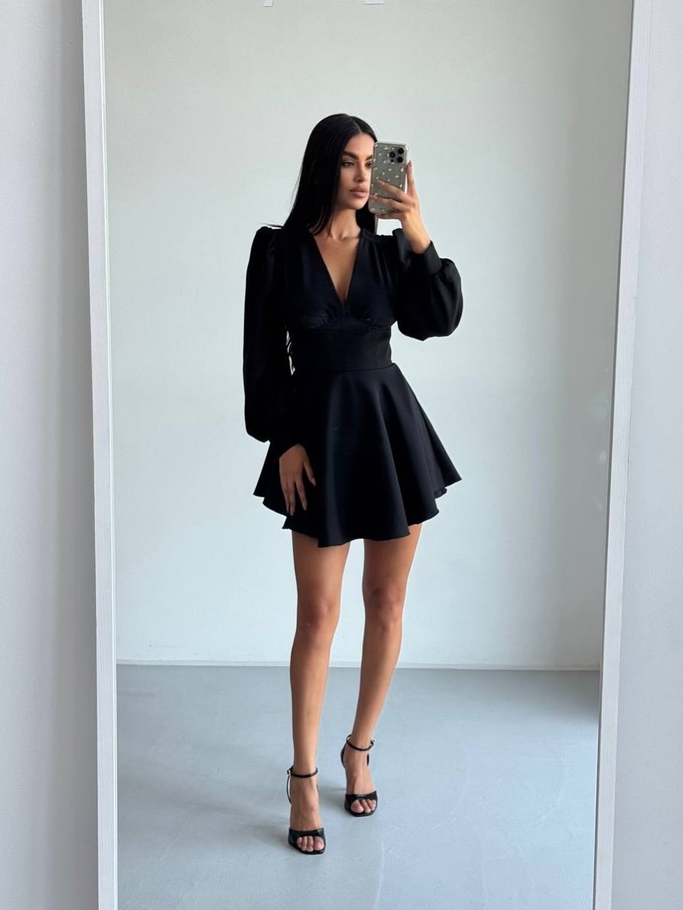 Women's V-Neck Puff Sleeve High Waist A-Line Dress