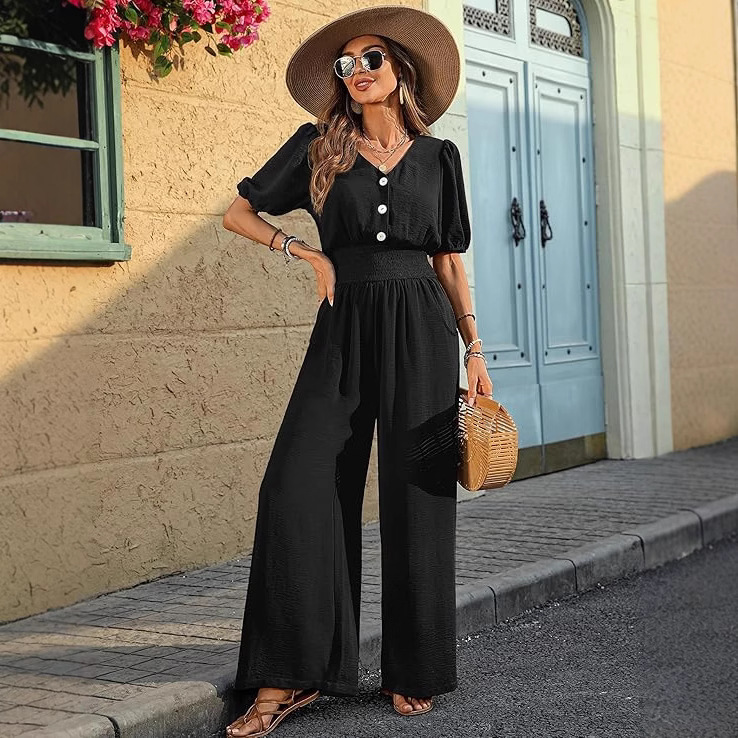 Elegant Short Sleeve Collared Waist-Defined Wide-Leg Jumpsuit