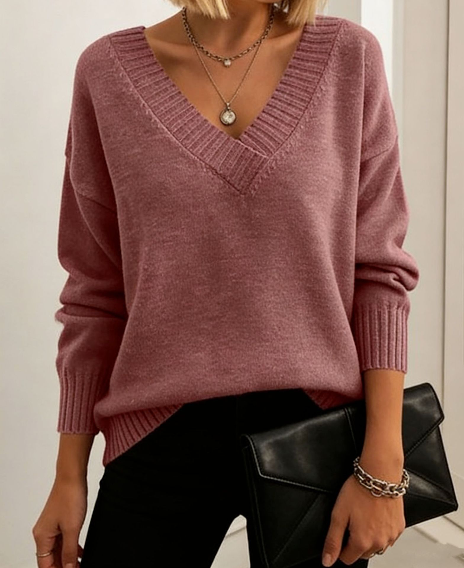 Women's Loose V-Neck Pullover Sweater Solid Color Knit Top