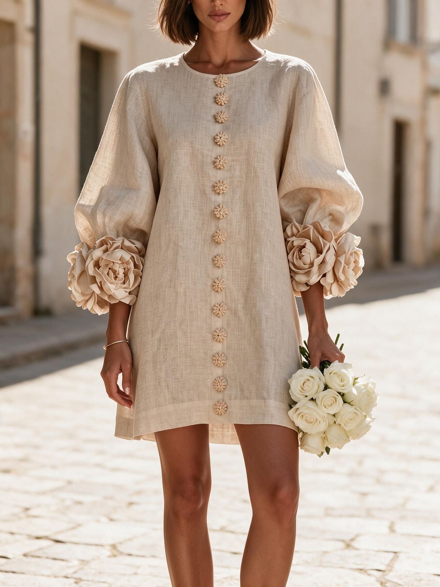 French 3D Floral Lantern Sleeve Dress