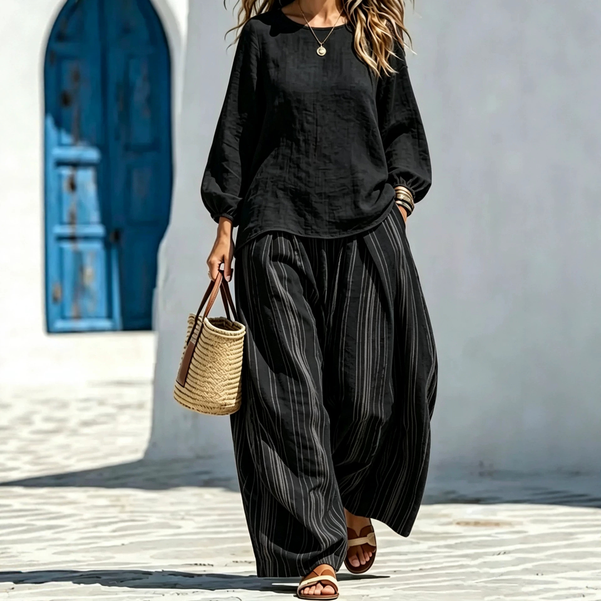 Women's Lantern Sleeve Top and Striped Wide-Leg Pants Set