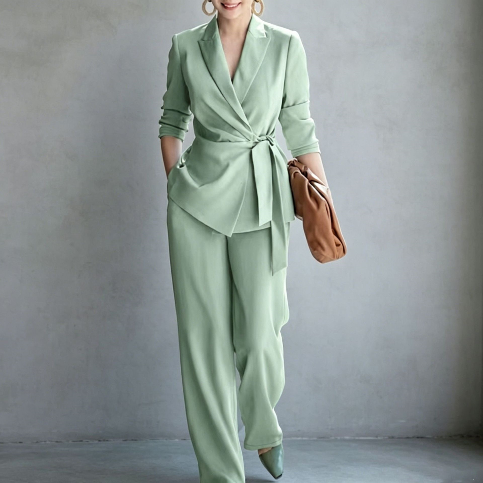 Women's Solid Color Belted Blazer and Pants Two-Piece Set