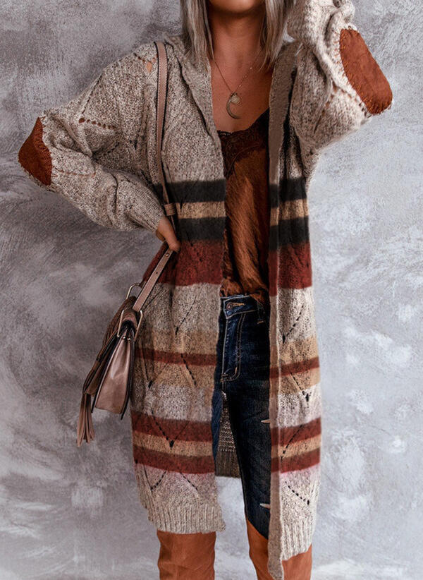Long-Sleeve Hooded Open-Front Cardigan Sweater, Color-Block Hollow-Out Knit