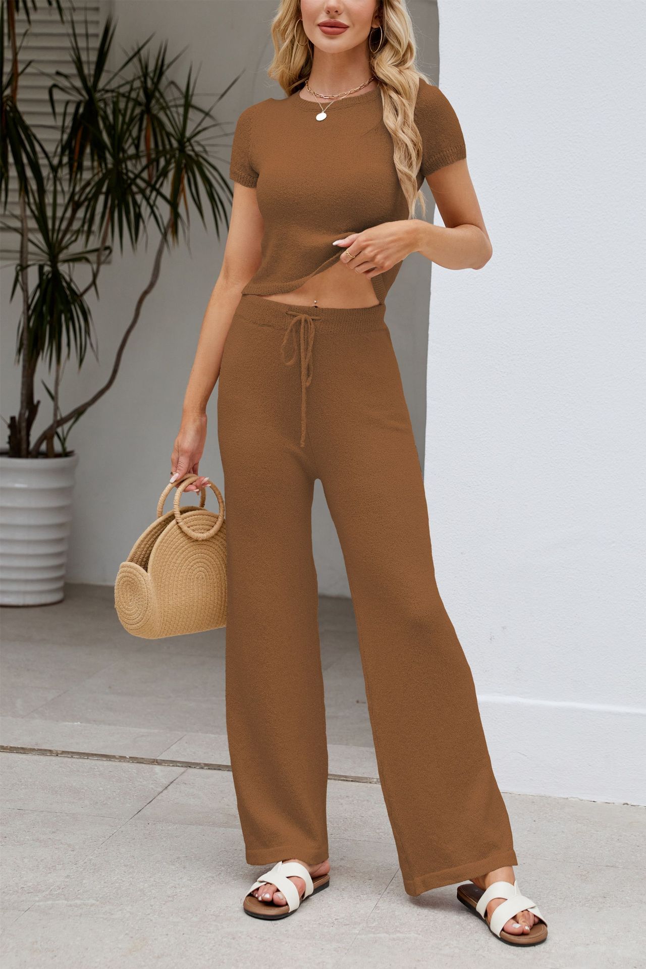 Women's Solid Knit Short Sleeve Top and Pants Set