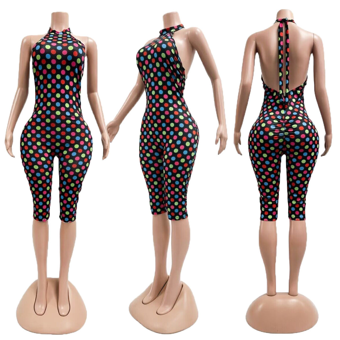 Polka Dot Print Halter Backless Slim Fit Women's Jumpsuit