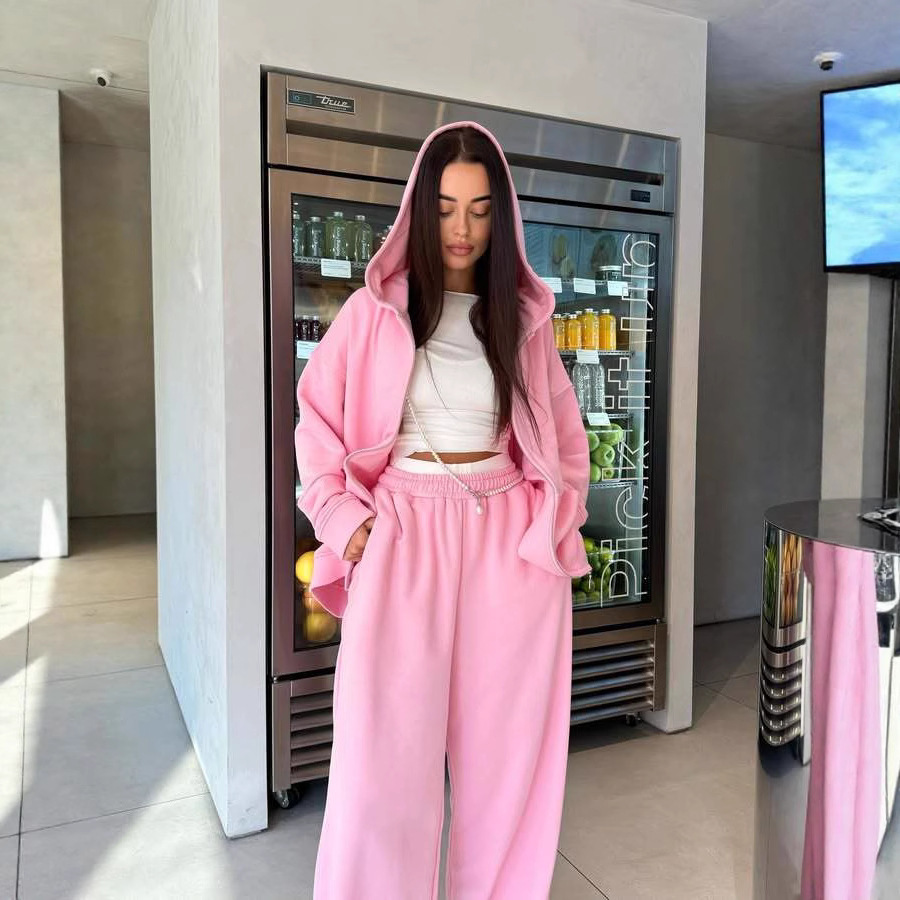 Women's Zip-Up Hooded Sweatshirt and Drawstring Pants Two-Piece Set
