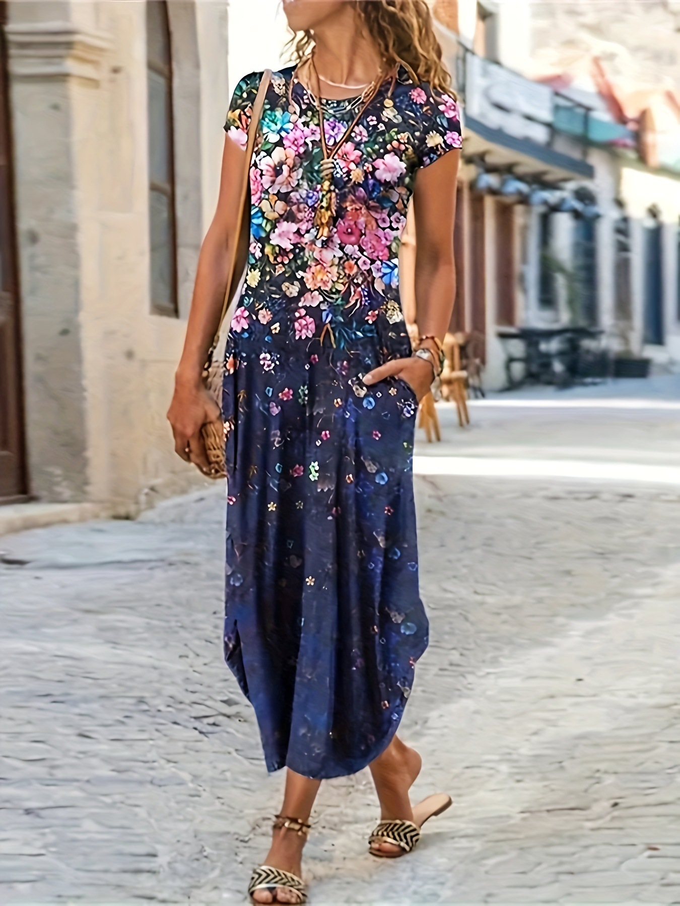 Floral Print Pocket Midi Dress Casual Short Sleeve A-Line