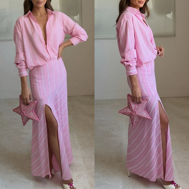 Women's Striped Long-Sleeve Shirt and Skirt Set