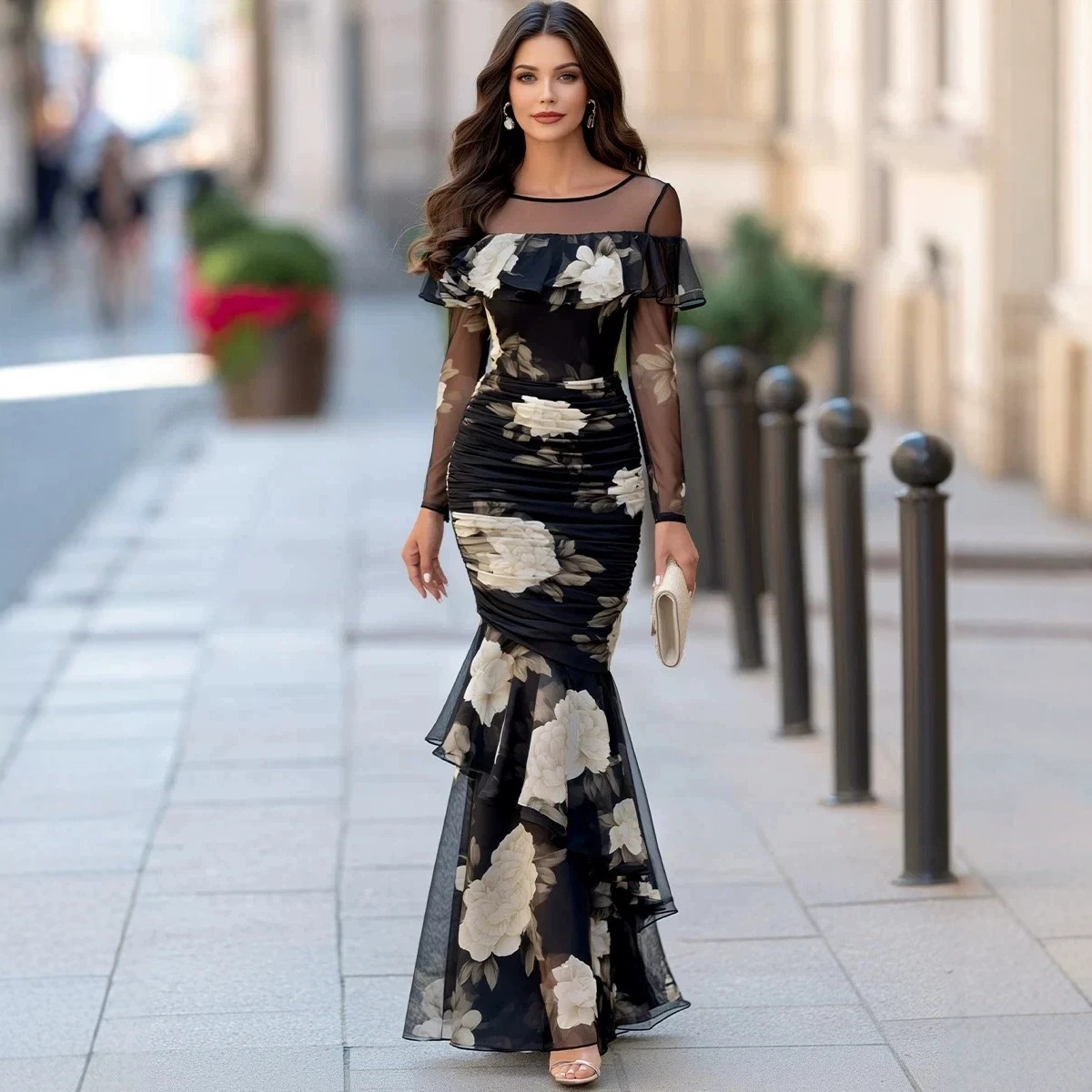 Black Floral Mesh Long Sleeve Ruffle Mermaid Maxi Dress