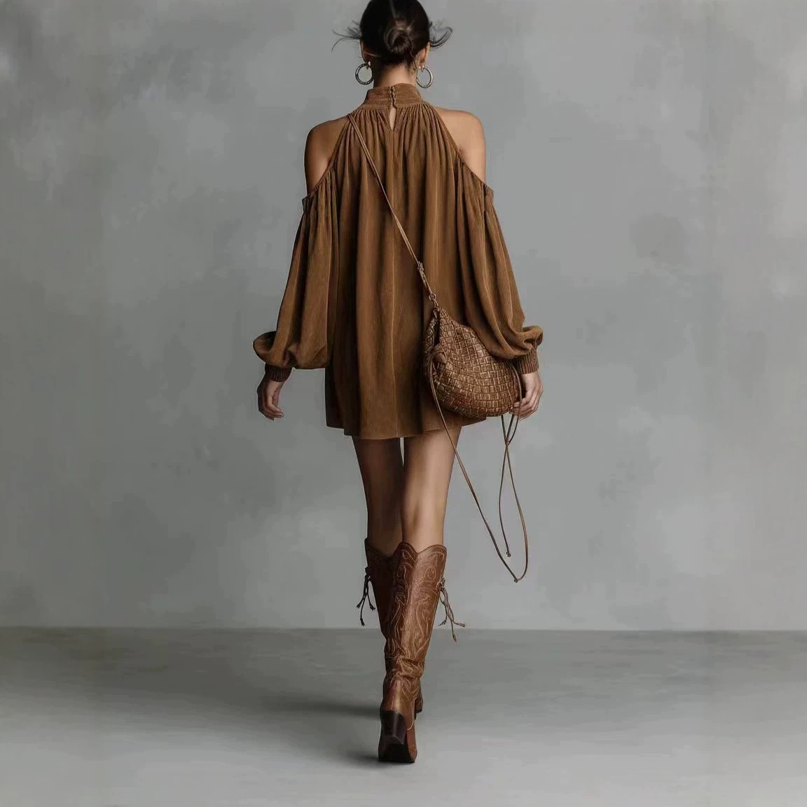 Women's Faux Suede Halter Mini Dress with Lantern Sleeves