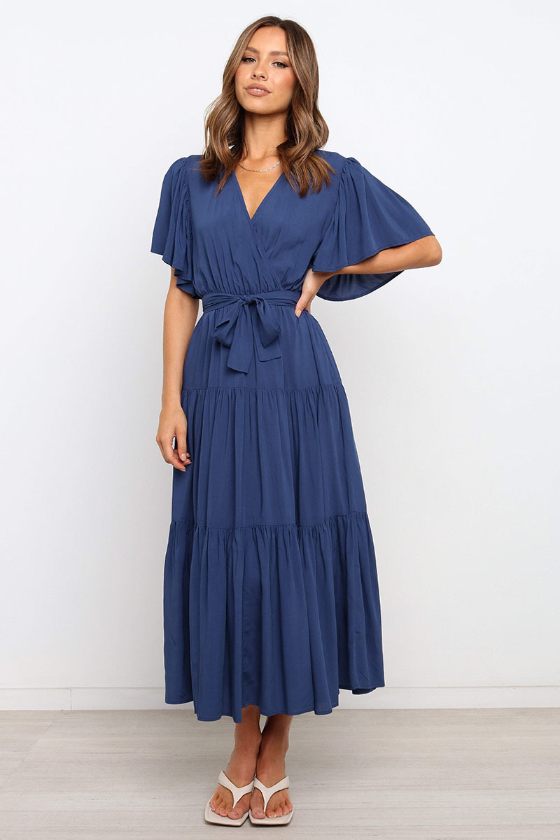 V-Neck Printed Short Sleeve High Waist A-Line Maxi Dress