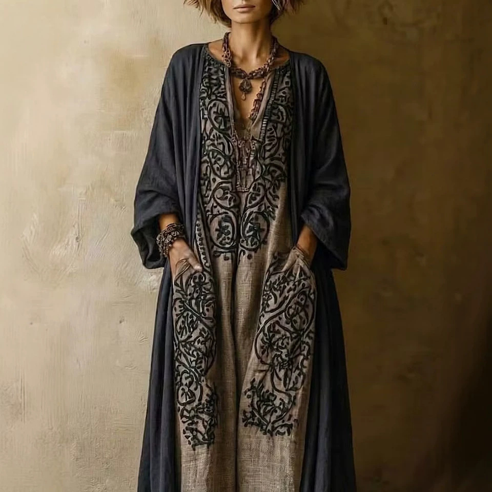 Bohemian Print Cardigan Two-Piece Dress Set Long Sleeve Blue