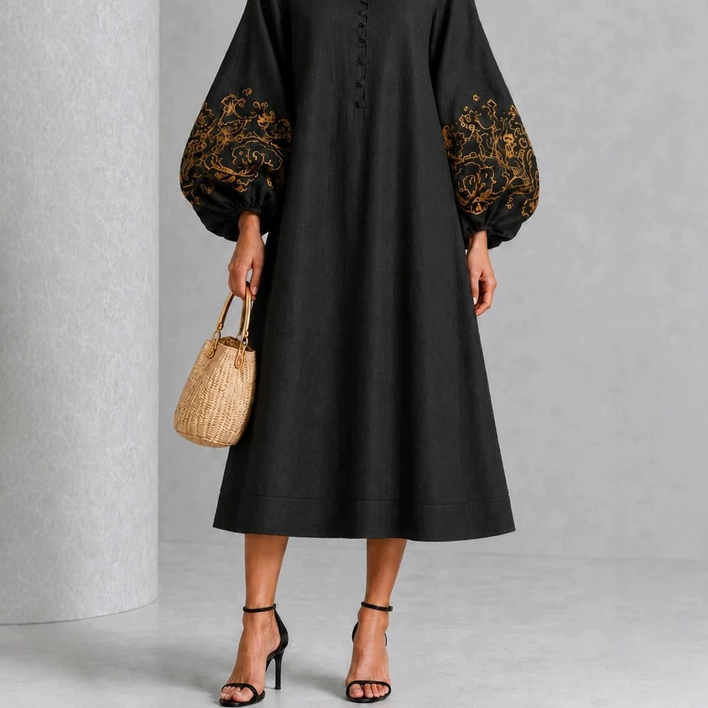 Black Gold Embroidered Lantern Sleeve A-Line Midi Dress