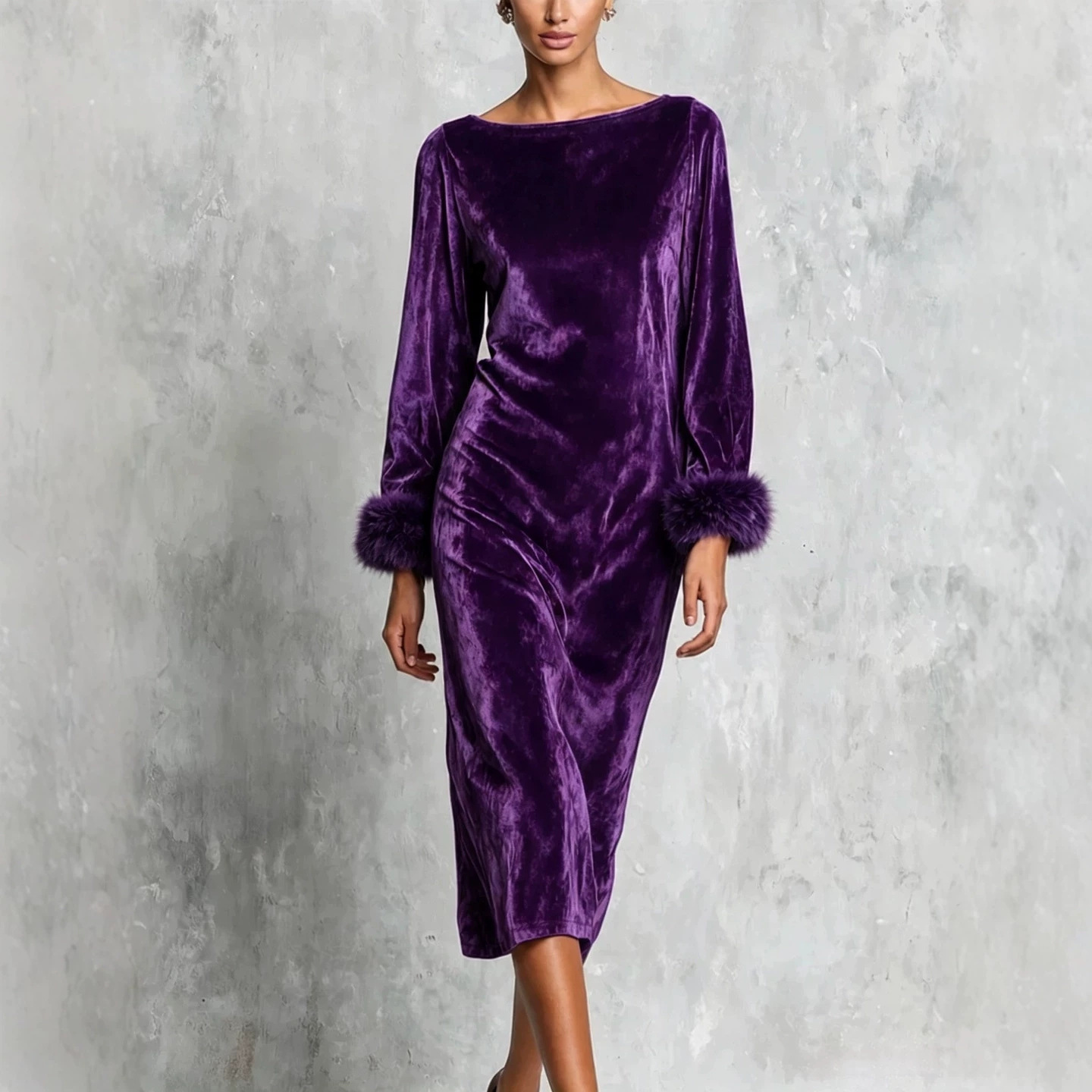 Women's Off-Shoulder Long Sleeve Faux Fur Cuff Long Dress