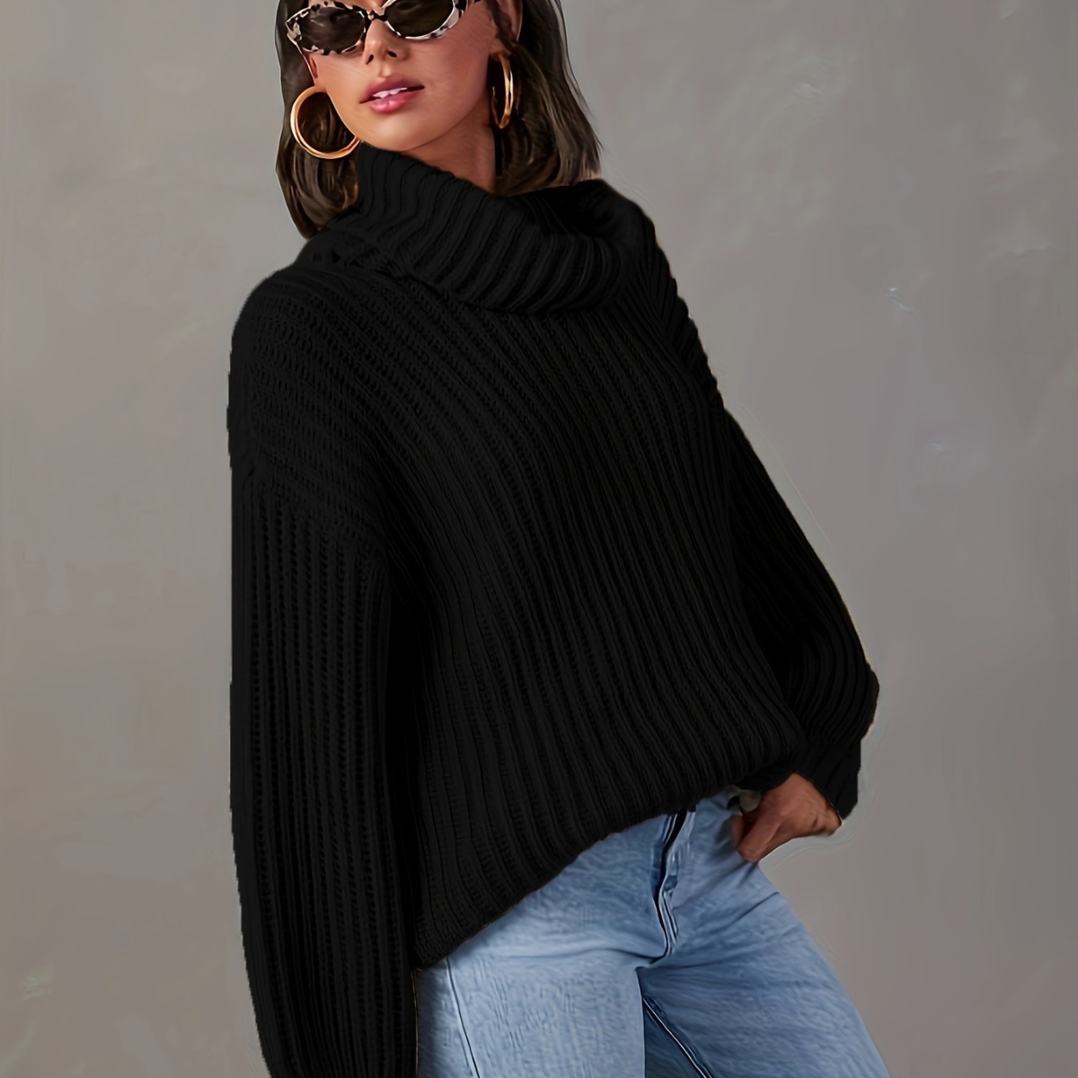 Women's Loose High Neck Wool Blend Pullover Sweater