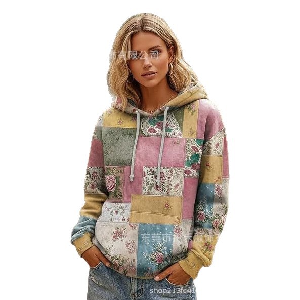 Women's Plaid Print Casual Pullover Hoodie Long Sleeve