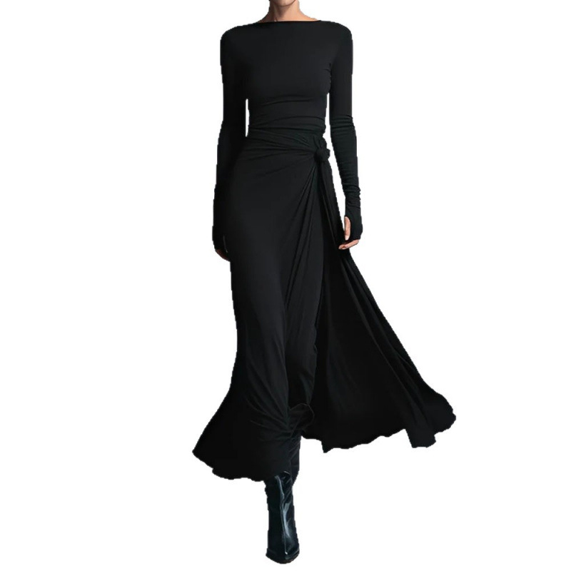 Women's Solid Wrap Long Dress with Knot Detail Long Sleeve