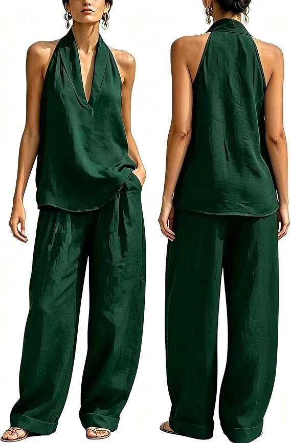 Women's Halter V-Neck Sleeveless Casual Two-Piece Pants Set