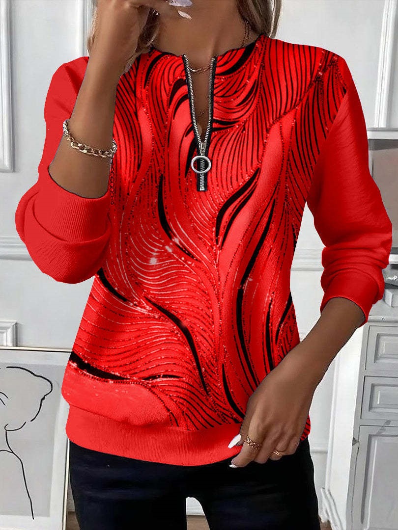 Women's Boho Print Long Sleeve Zip-Up Sweatshirt Casual Top