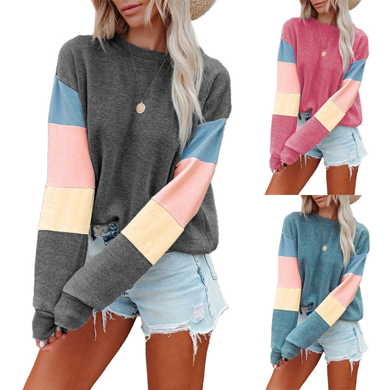 Women's Color-Block Crewneck Pullover Sweatshirt Long Sleeve