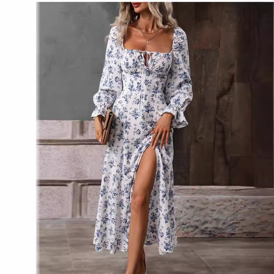 Bohemian Floral Print Long Sleeve Open Back Maxi Dress