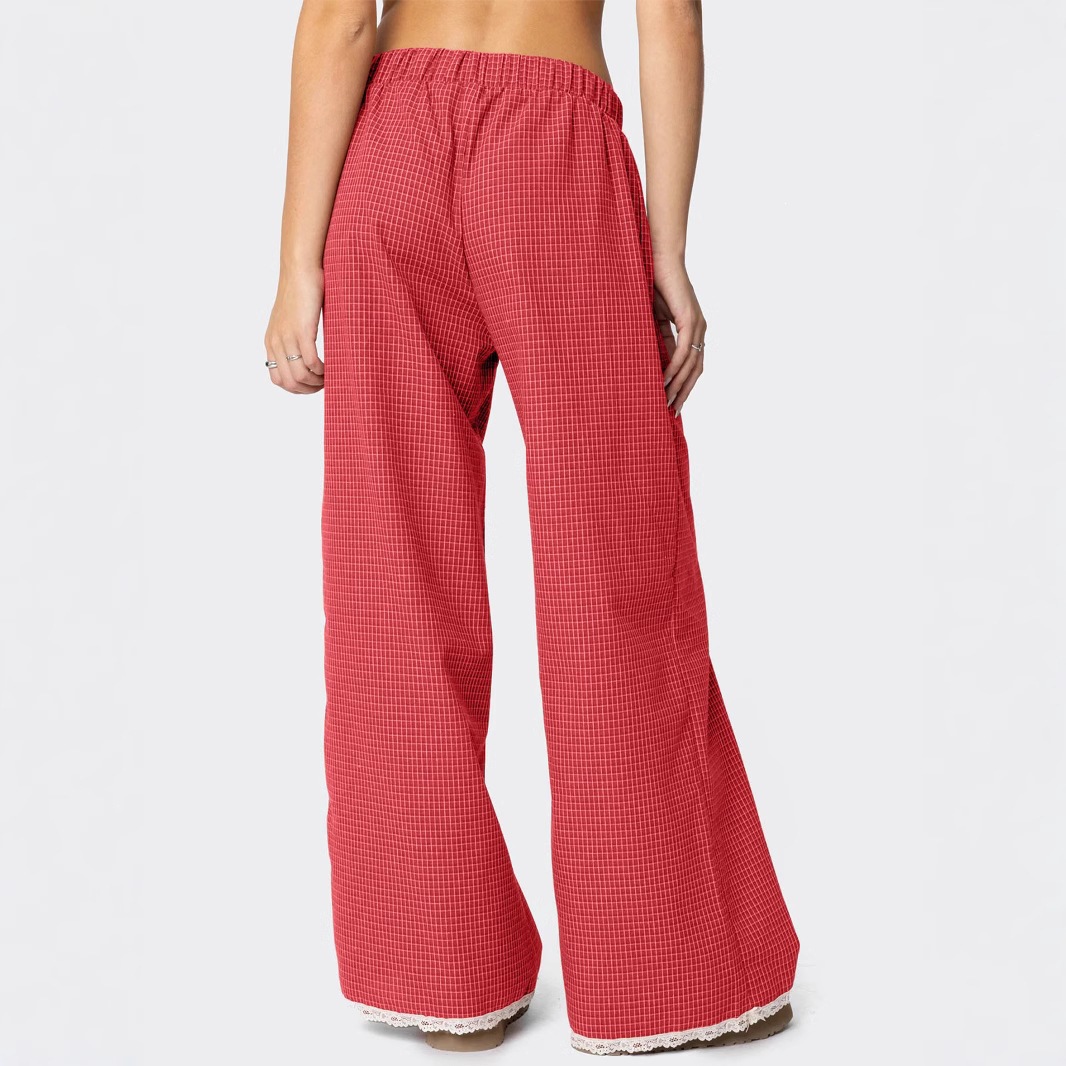 Plaid Print Straight Leg Elastic Waist Lace Trim Pants