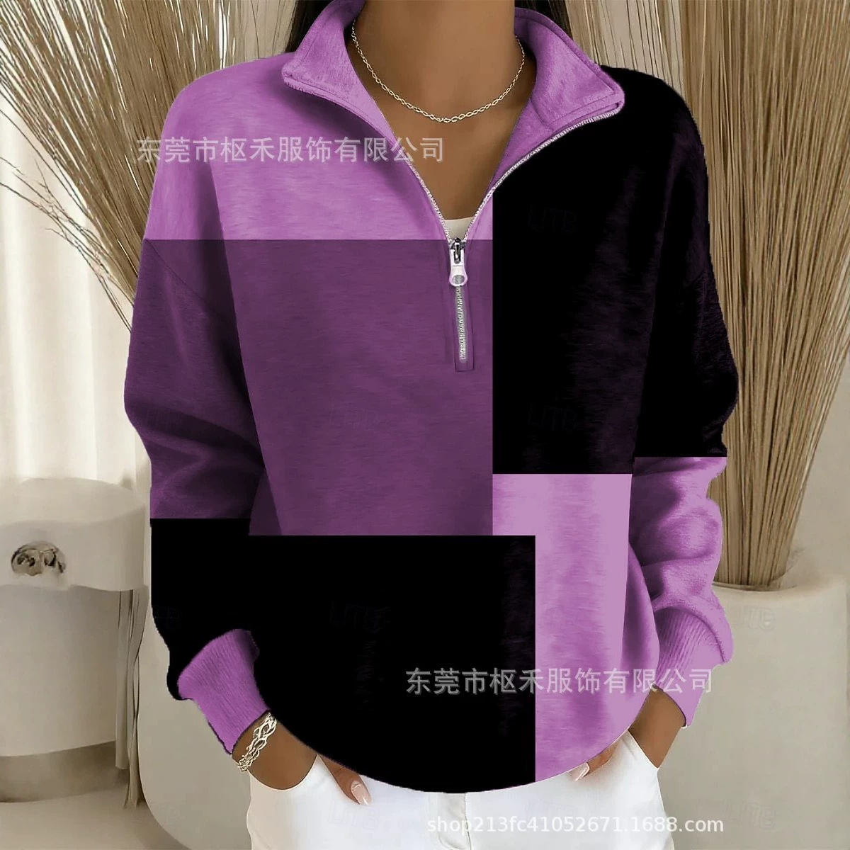 Plaid Color-Block Print Half-Zip Hoodie for Women