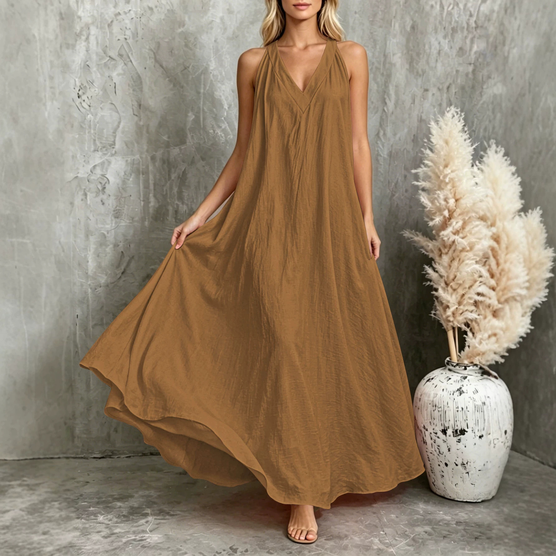 Sleeveless Maxi Dress with Pockets Flowy Beach Casual