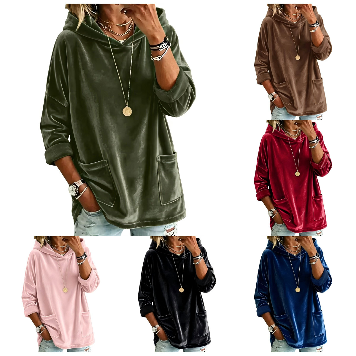 Casual Hooded Loose Fleece Solid Color Long Sleeve Pullover Sweatshirt for Women