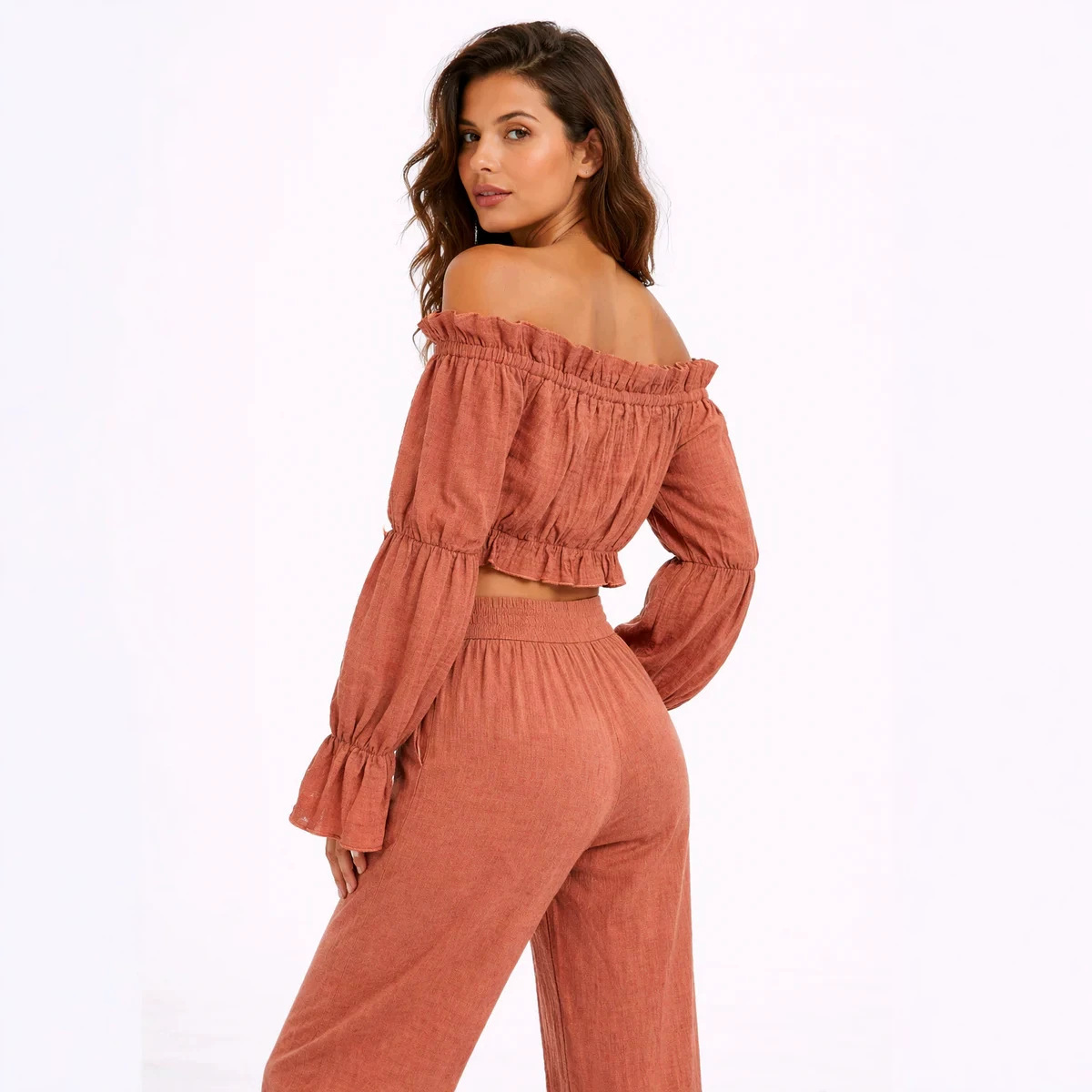 Off-Shoulder Crop Top and Wide-Leg Pants Set